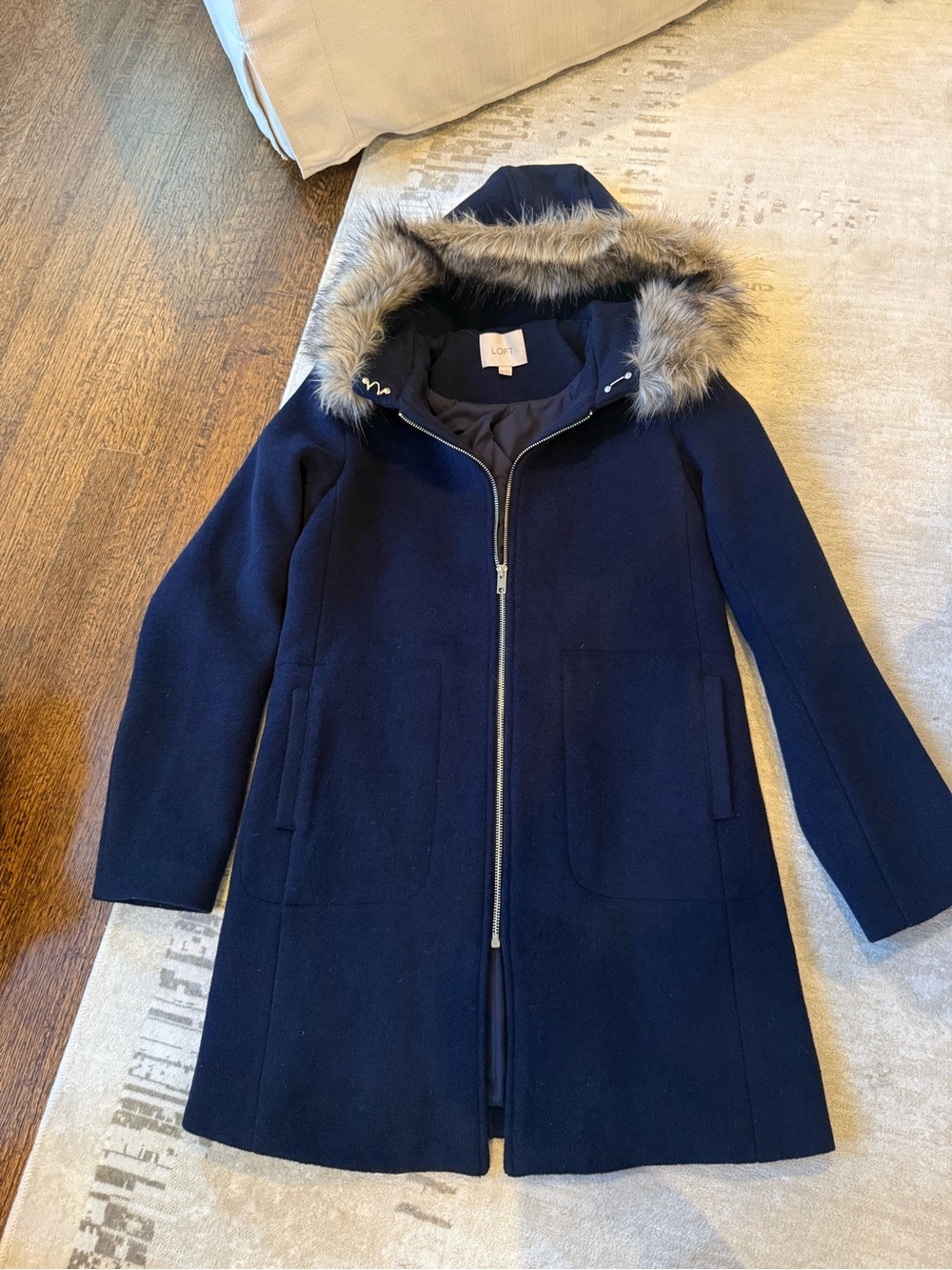 LOFT Wool Blend Hooded Coat with Faux Fur Trim - Navy